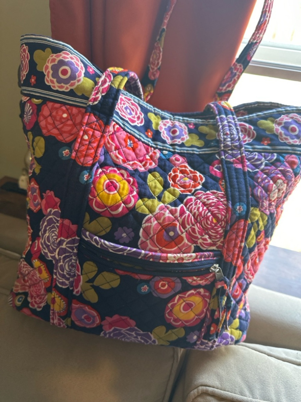 Vera Bradley Navy Quilted Floral Tote with Pink, Purple & Green